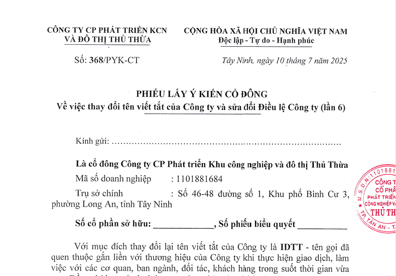 368. Phiếu lấy ý kiến cổ đông vv thay đổi tên viết tắt của Công ty và sửa đổi Điều lệ Công ty (10.7.2025)