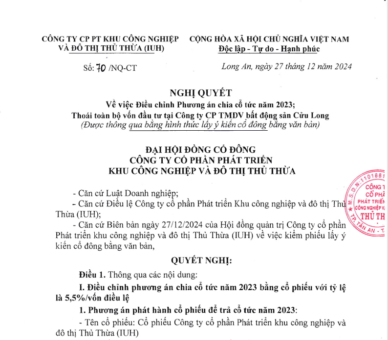 NGHỊ QUYẾT V.V ĐIỀU CHỈNH PHƯƠNG ÁN CHIA TỔ CHỨC NĂM 2023, THOÁI VỐN TOÀN BỘ ĐẦU TƯ TẠI CTY CỬU LONG