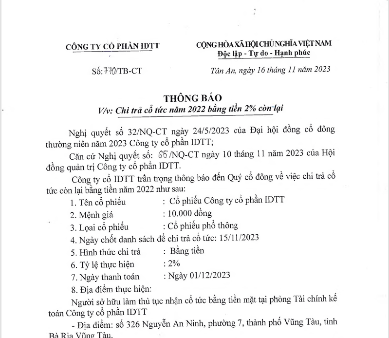 Thông báo về việc Chi trả cổ tức năm 2022 bằng tiền 2% còn lại