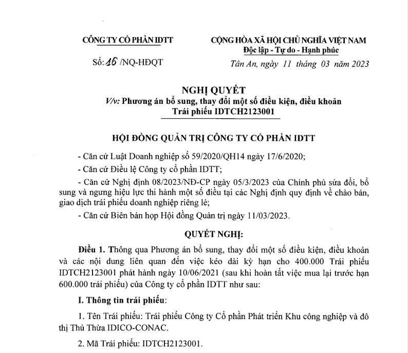  Nghị quyết Phương án bổ sung, thay đổi một số điều kiện, điều khoản trái phiếu IDTT 