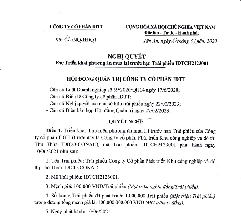 Nghị quyết triển khai phương án mua lại trước hạn Trái phiếu IDTT