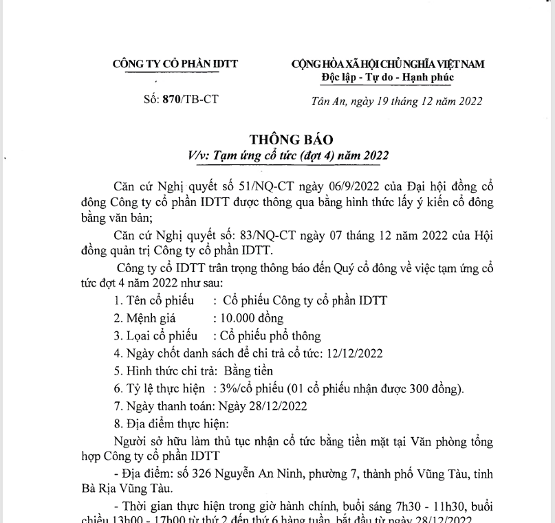 Thông báo về việc Tạm ứng cổ tức (đợt 4) năm 2022