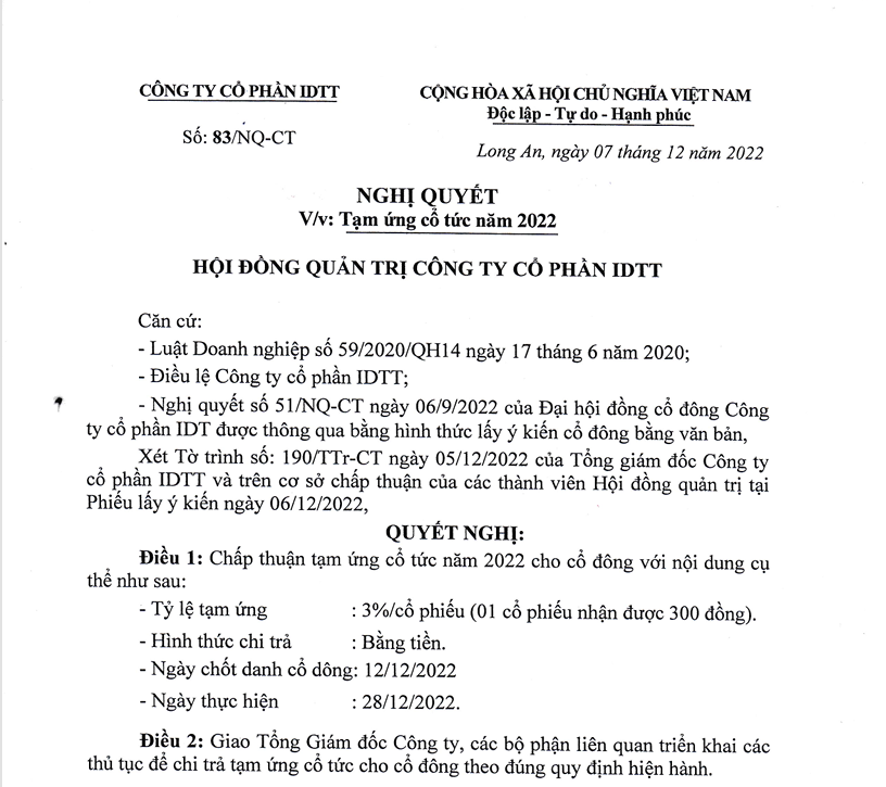 Nghị quyết Tạm ứng cổ tức đợt 3 năm 2022