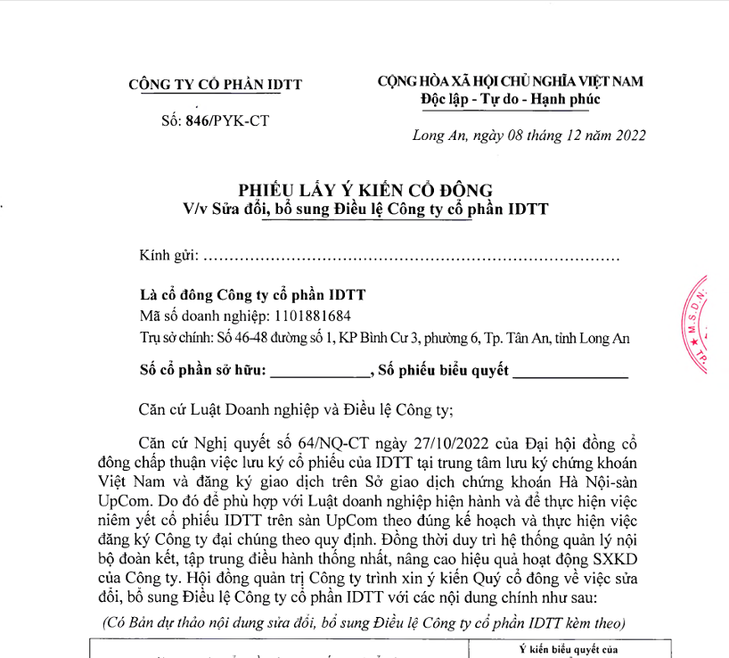 Phiếu lấy ý kiến cổ đông về việc Sửa đổi điều lệ Công ty cổ phần IDTT