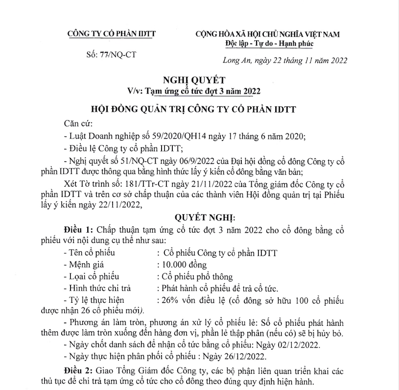 Nghị quyết Tạm ứng cổ tức đợt 3 năm 2022