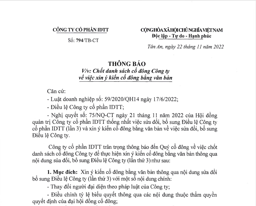 Chốt danh sách cổ đông Công ty vv xin ý kiến cổ đông bằng văn bản