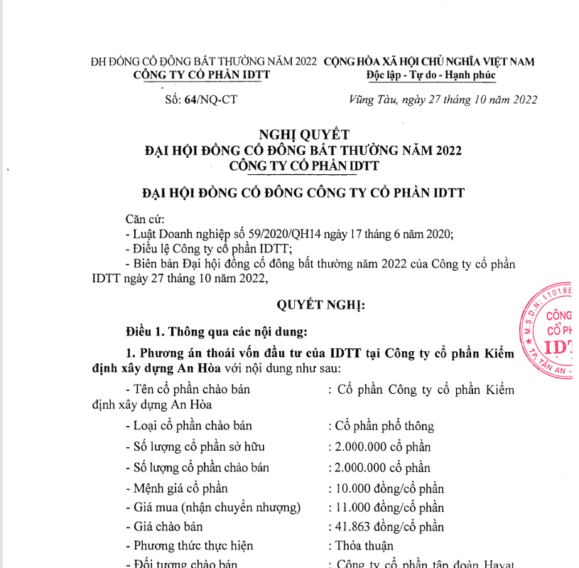 Nghị Quyết Đại hội đồng cổ đông bất thường Công ty cổ phần IDTT năm 2022