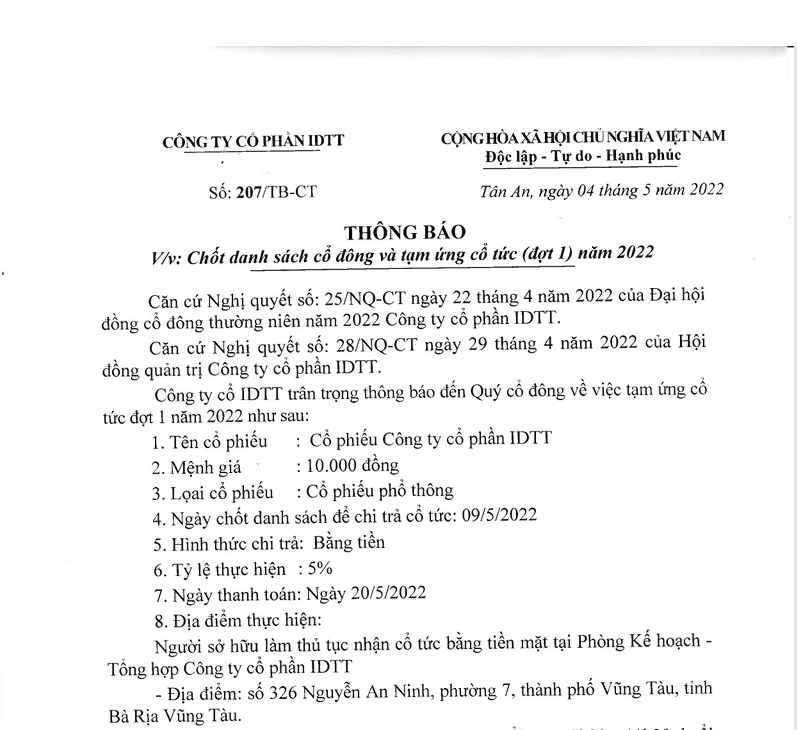 THÔNG BÁO CHỐT DANH SÁCH CỔ ĐÔNG VÀ TẠM ỨNG CỔ TỨC (ĐỢT 1) NĂM 2022