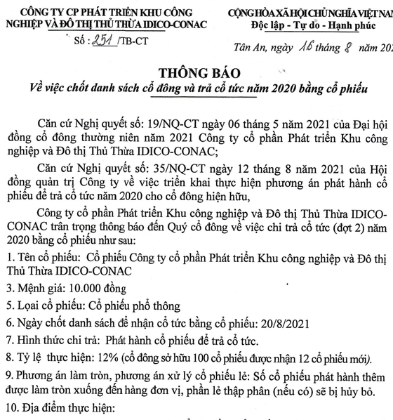 THÔNG BÁO VIỆC CHỐT DANH SÁCH CỔ ĐÔNG VÀ TRẢ CỔ TỨC NĂM 2020 BẰNG CỔ PHIẾU