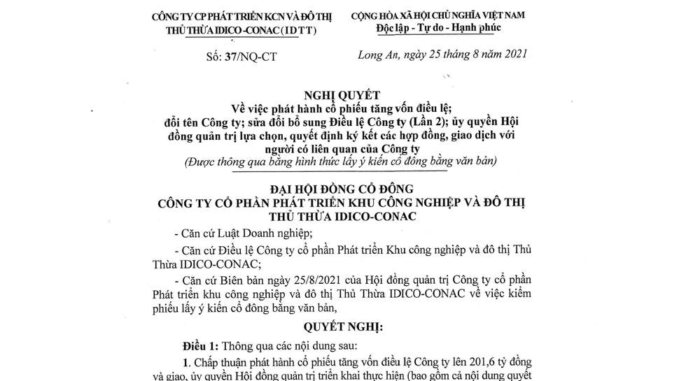 NGHỊ QUYẾT VỀ VIỆC PHÁT HÀNH CỔ PHIẾU TĂNG VỐN ĐIỀU LỆ; ĐỔI TÊN CÔNG TY; SỬA ĐỔI BỔ SUNG ĐIỀU LỆ CÔNG TY LẦN 2